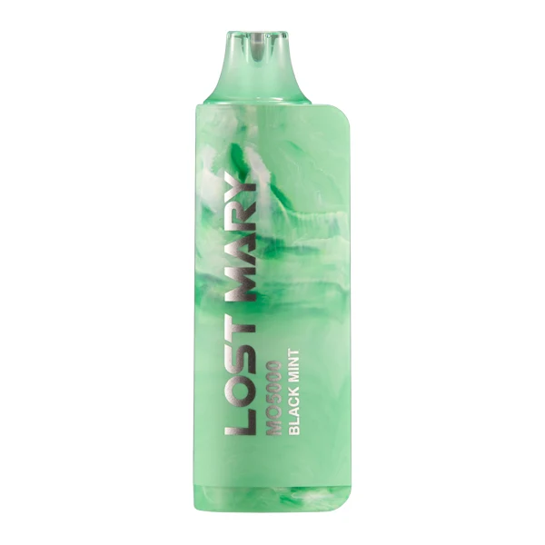 Black Mint Lost Mary MO5000 disposable vape device showcasing the black mint lost mary flavor packaging and design